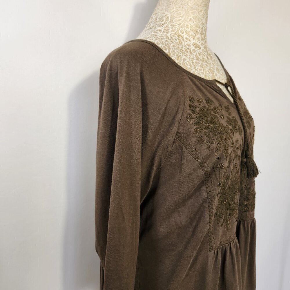 J Jill Women's Size L Pine Green Embroidered Tassel Tie Bell Sleeve Peplum Top - Picture 7 of 16